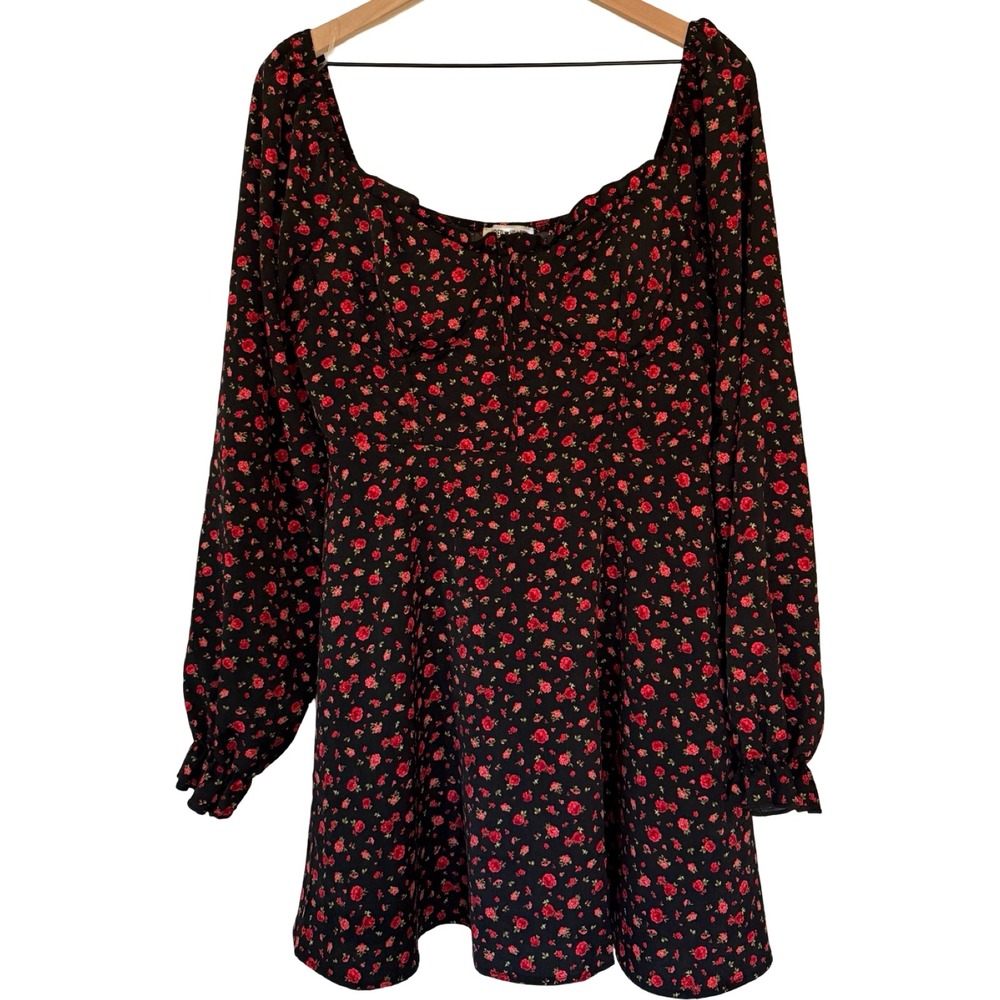 Black Floral Long-Sleeve Swing Dress with Pink Rose Print - Picture 2 of 5